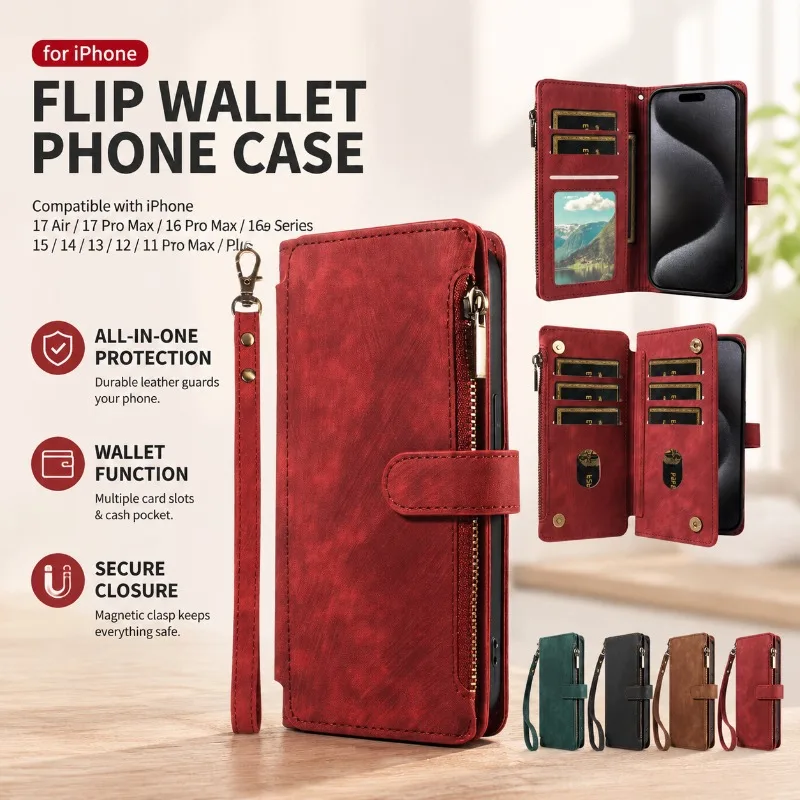 Flip Wallet PU Leather Phone Case for iPhone 17 Air 17 Pro Max 16 Pro Max 16e 15 14 13 12 11 Pro Max Plus Series