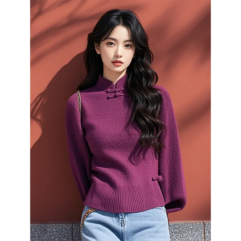 Boweylun-女性のための中国風ディスクバックルカラーセーター、女性のためのレトロなプルオーバー、紫、秋と冬、新しい