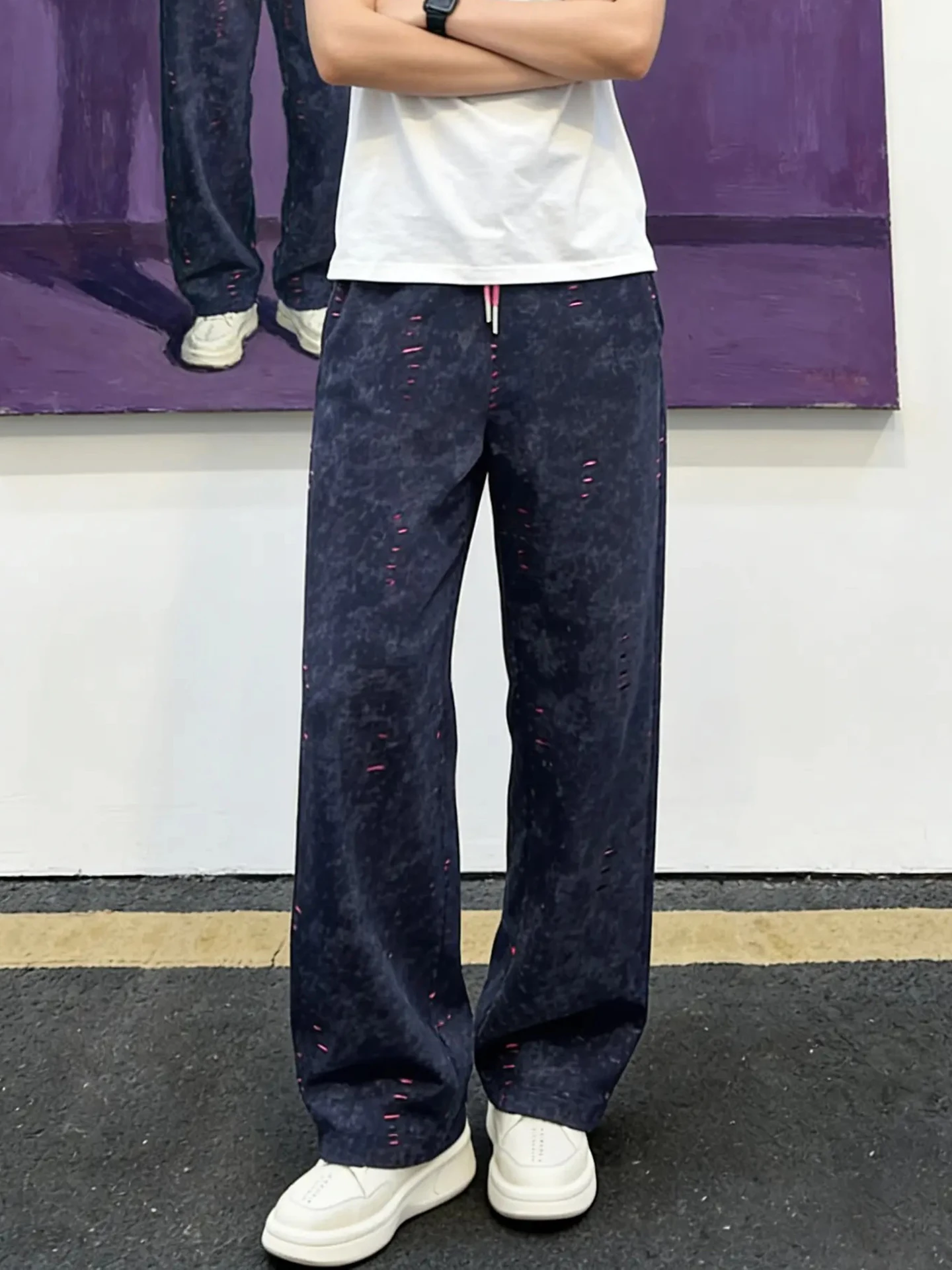 

Indigo American Dyed Fce Men's Winter Hiphop Straight Leg Casual Pants Torn Loose Fit Comfortable Polyester Cotton Blend