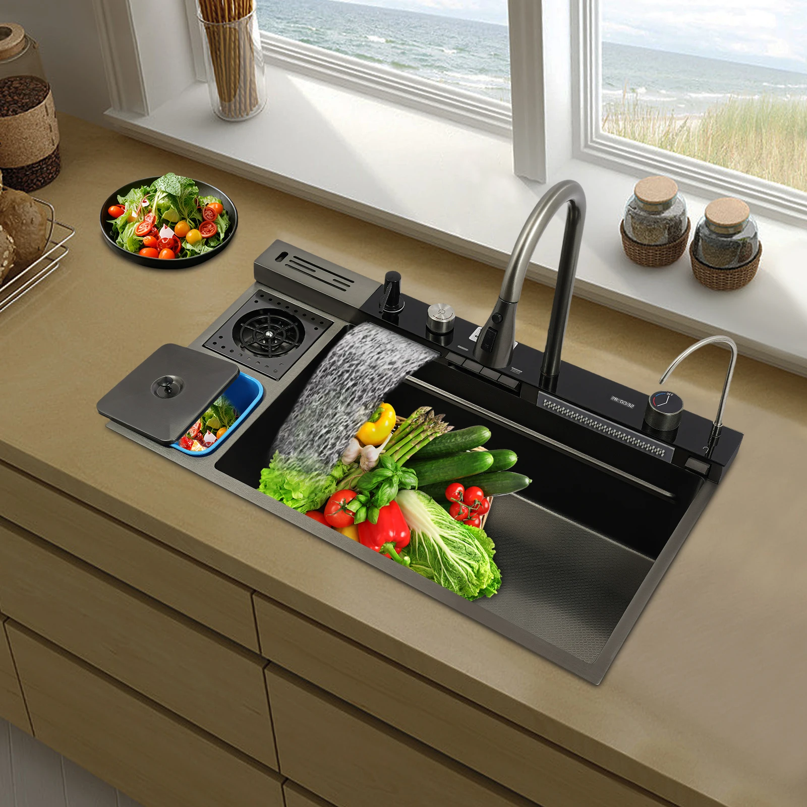 Waterfall Kitchen Sink 304 Stainless Steel Kitchen Sink 820*480mm Multifunctional Digital Display Modern Nano Black  Counter Top