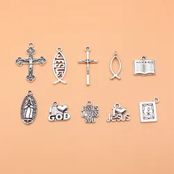10pcs Antique Silver Color Bible Virgin Jesus Fish Jesus Cross Charms Collection For DIY Jewelry Making, 10 Styles, 1 of Each