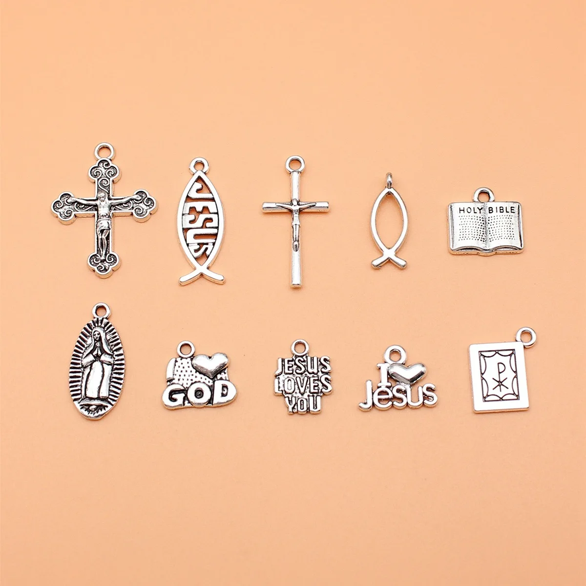 10 sztuk antycznej srebrnej bielizny Virgin Jesus Fish Jesus Cross Charms Collection do samodzielnego tworzenia biżuterii, 10 stylów, 1 każdy
