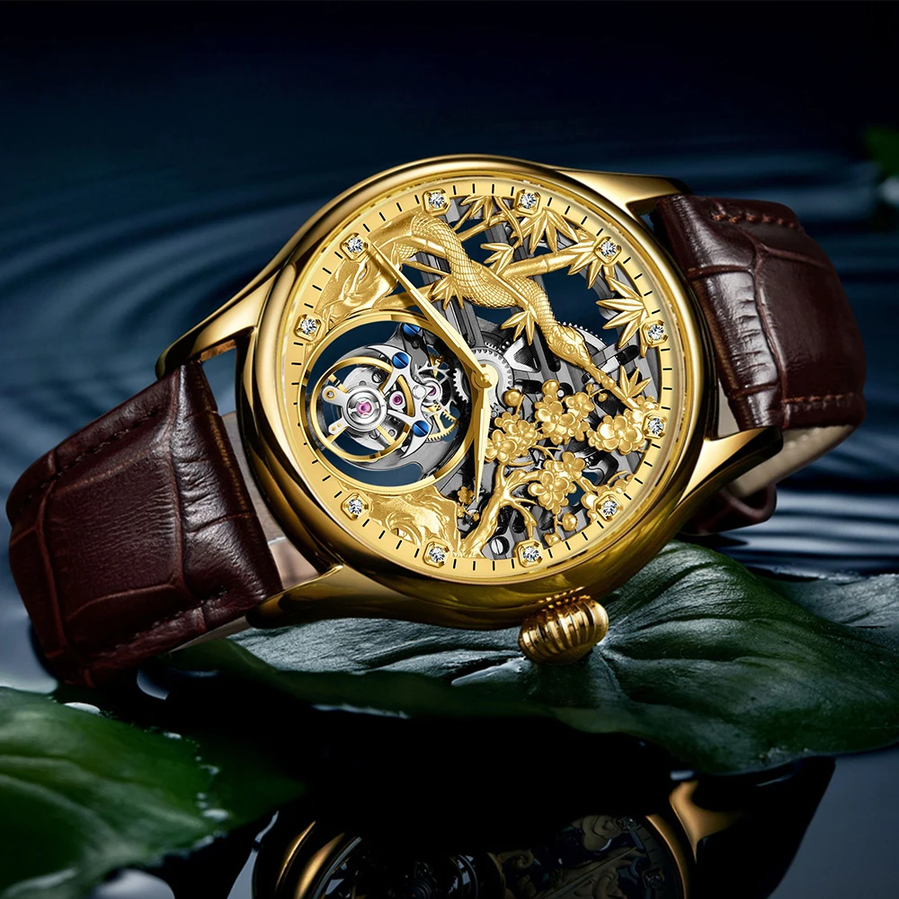 Aesop Zodiac Gold Mens Tourbillon Mechanical Watches Snake Skeleton Hollow Luminous Hands Montre Homme Tourbillon Wristwatches