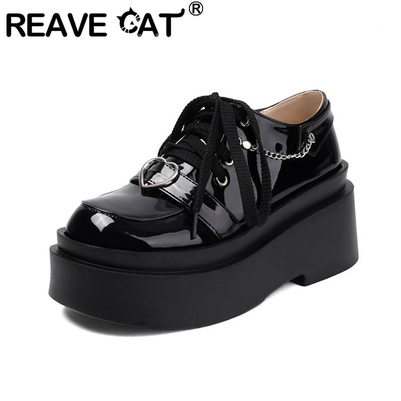 REAVE CAT zapatos de estudiante de almacenamiento romano punta redonda 5,3 cm plataforma alta 8cm tacón con correa zapatos de mujer talla grande 43 44 negro Beige