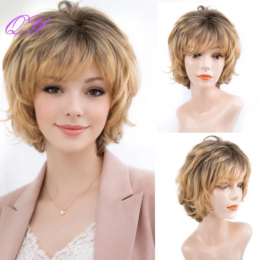 

Синтетический женский короткий парик с натуральной прямой текстурой, омбре-блонд, с челкой, для повседневной носки и косплея, многослойный, элегантный парик.