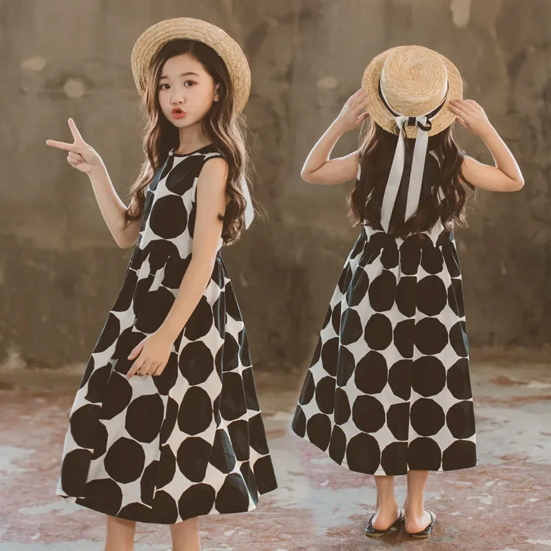 8 to 12 years Summer Elegant Sundress for Girl Sleeveless Dot Print Cotton Maxi Dress