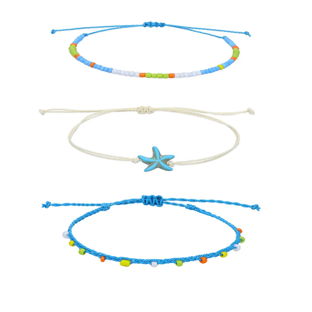 

3 Pcs Ankle Chain Multicolored Beaded Foot Decoration Summer Beach Style Adjustable Size Waterproof Wax for Tourism