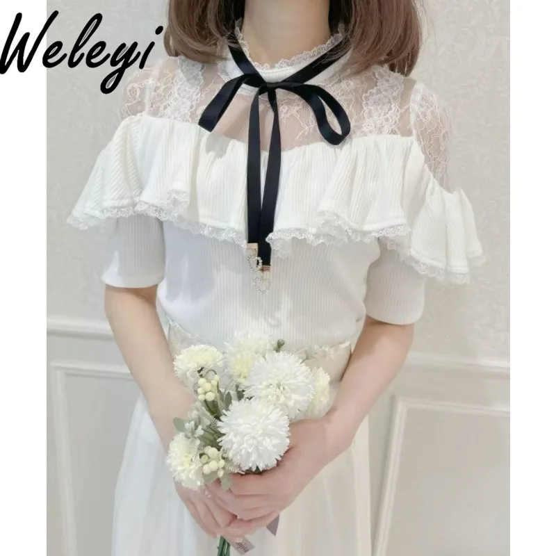 Japanese Blouses for Women Fashion 2024 Autumn New Lace Splicing Fake Two Piece Tops Sweet Versatile Exquisite Camisas E Blusas