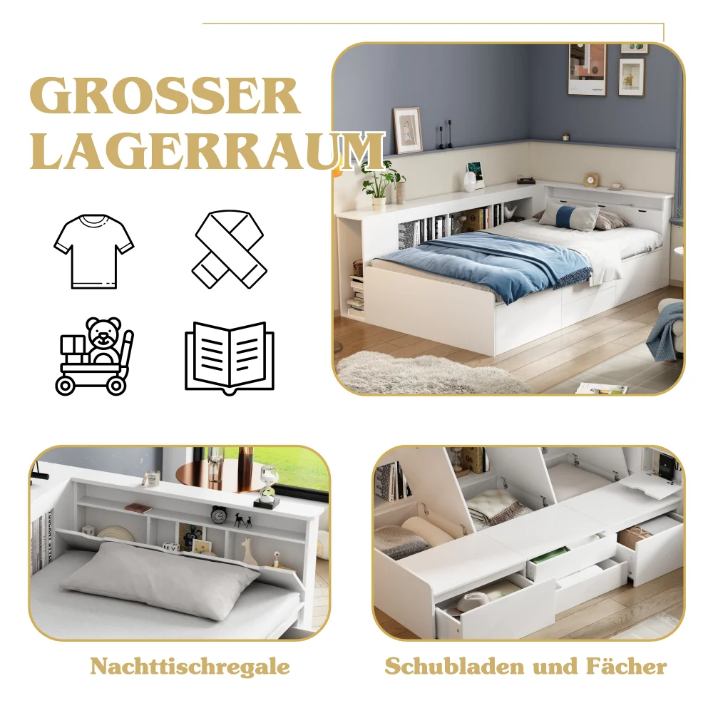 Platzsparende weiße Babymöbel – multifunktionales Kinderbett mit Schubladen, Einzelbett, Bücherregal, Aufbewahrung, Bettkasten (keine Matratze) – Detail 7