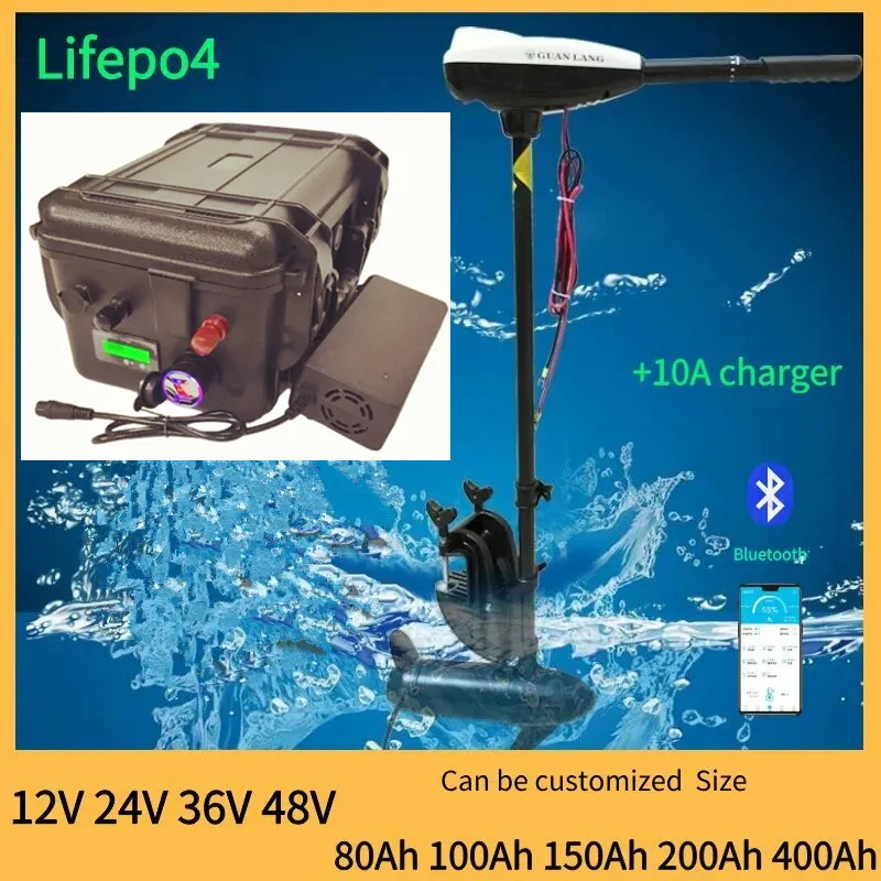 

Waterproof 24V 36V 100Ah 120Ah 150Ah 200Ah Lifepo4 battery BMS inside for trolling motor boat RV +Charger