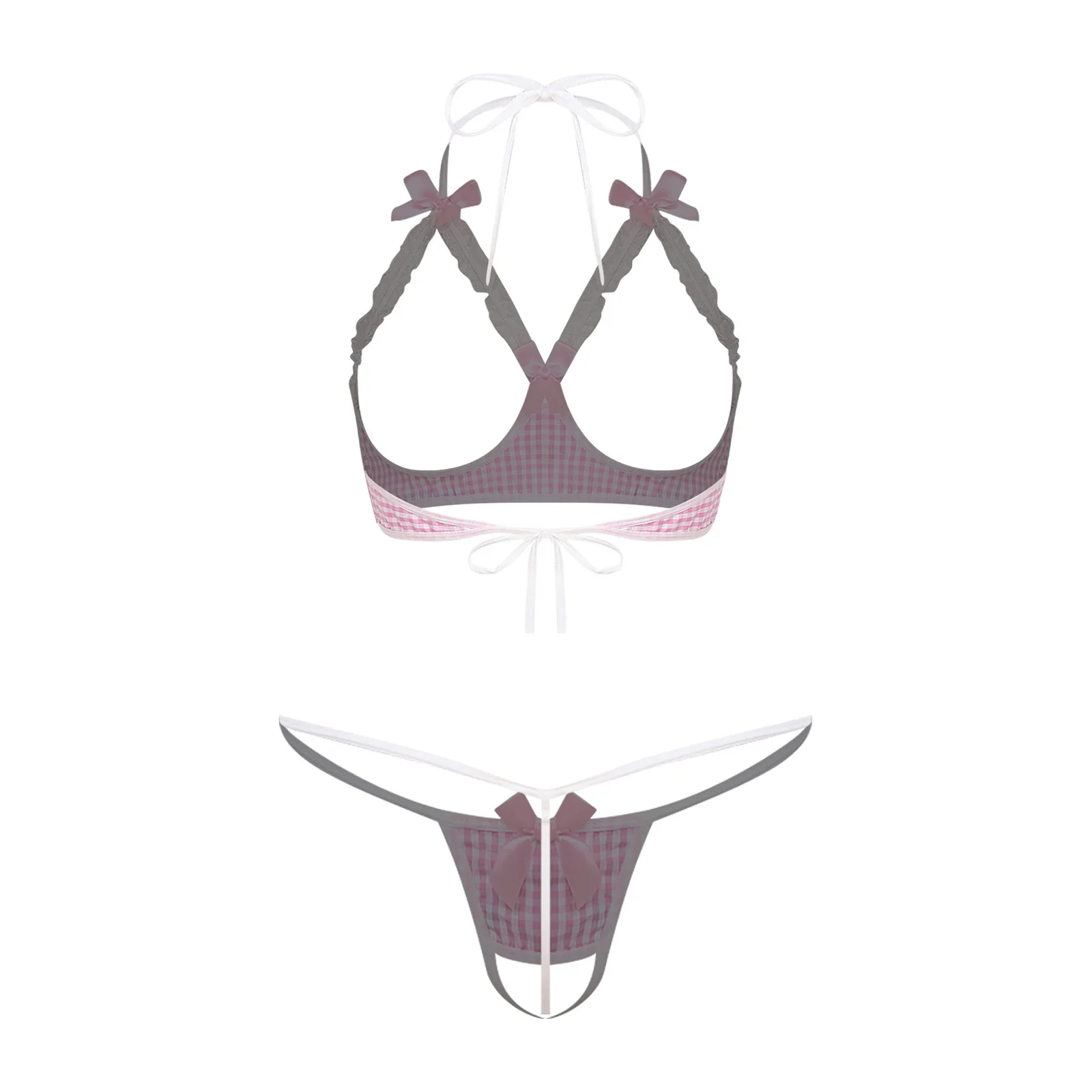 Womens Schoolgirl Maid Uniform Bikini Nightwear Halter Mini Bra Top with T-back Thong Micro Briefs Anime-style Lingerie Outfits - Image 3