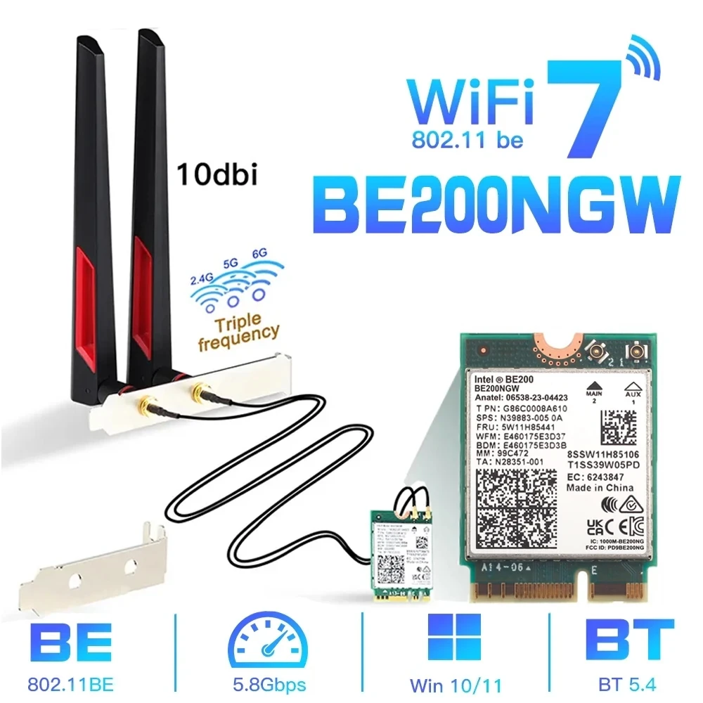 

Беспроводная сетевая карта Wi-Fi 7 BE200NG, трехдиапазонный адаптер 2,4G/5G/6GHz BT 5,4 NGFF 802.11AX для настольного ПК с Windows 11, антеннами