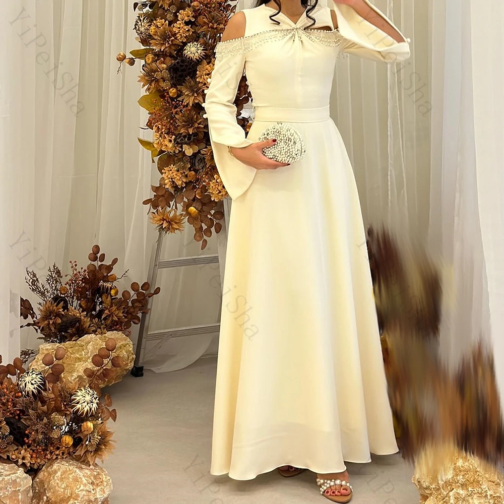 

Customized A-line Evening Dresses Ankle-length V-neck Full Sleeve Prom Gown Simple Fashion Beading Draped Casual Party Gown