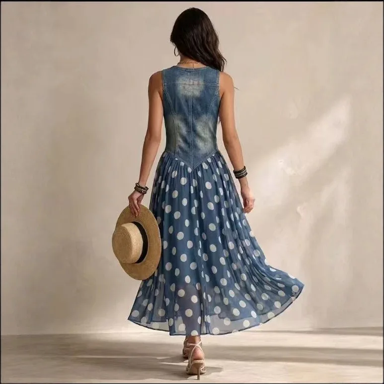Fashion Print Denim Style Top and Polka Dot Skirt Matching Set