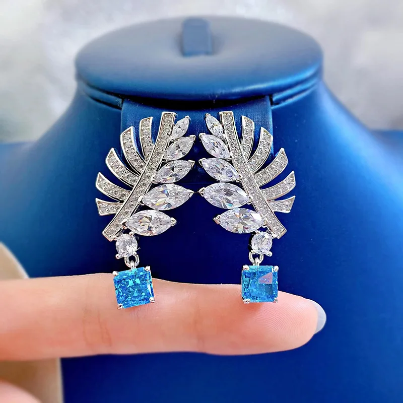 

Luxury Silver 925 Jewelry Women's Feather Earrings 7MM Aquamarine Full Diamond Fine Jewelry for Woman Party Earrings 2022 Gifts