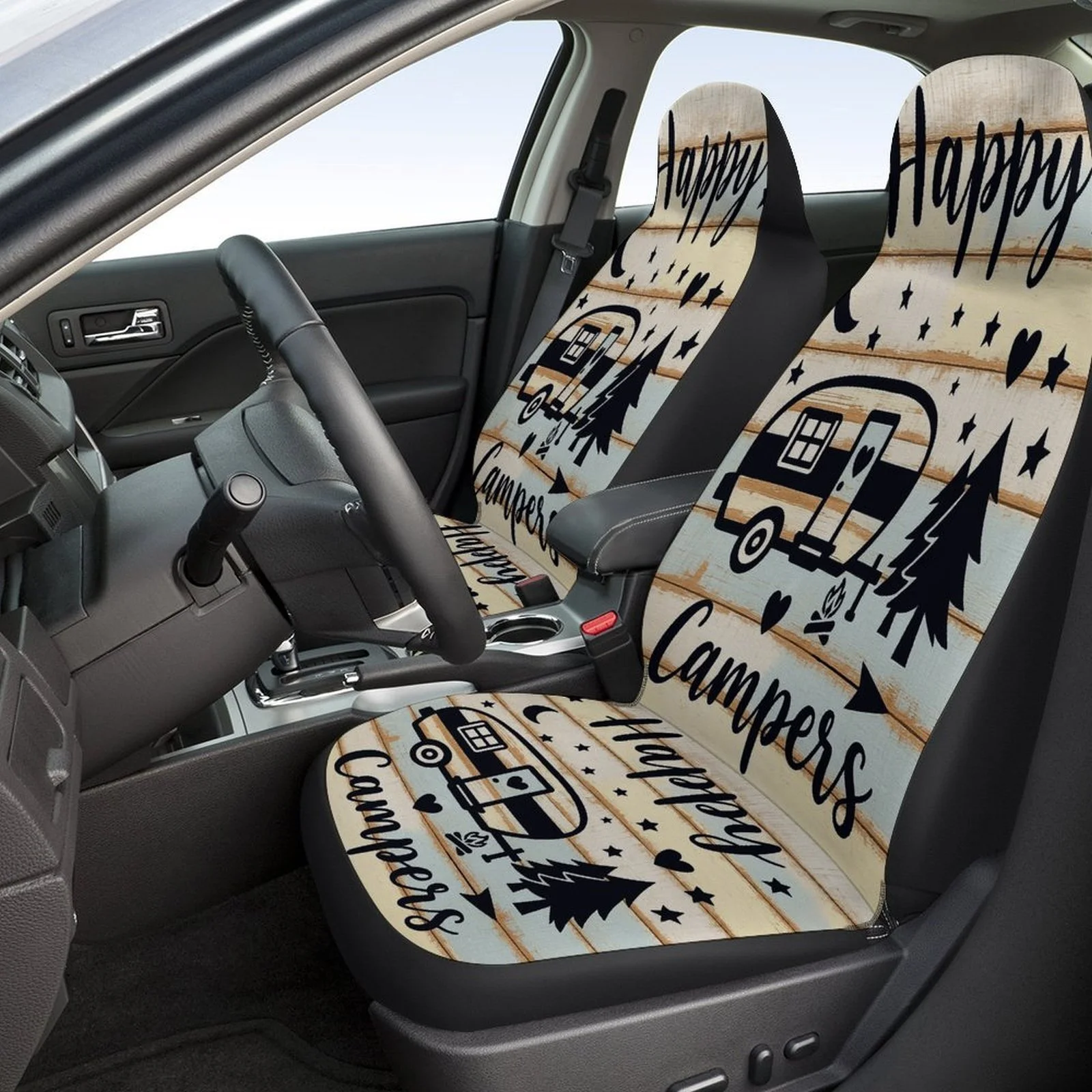 Happy Campers Sign Designed Car Seat Cover Set For Most Cars, High-quality Comfortable Car Seat Protector Covers Full Set, Unive