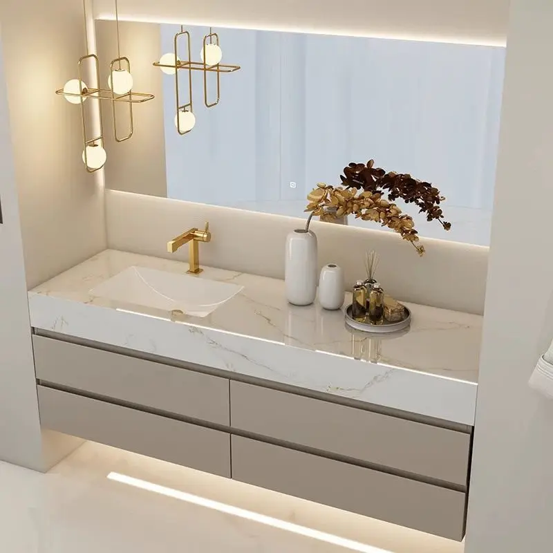 Mueble de baño moderno y sencillo de madera maciza.