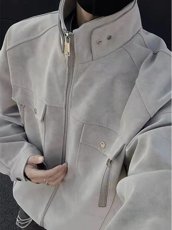 

American Retro Loose Fit Leather Jaet Men's Spring Autumn New Sle Couple's CleanFit Workwear Jaet Youth ular