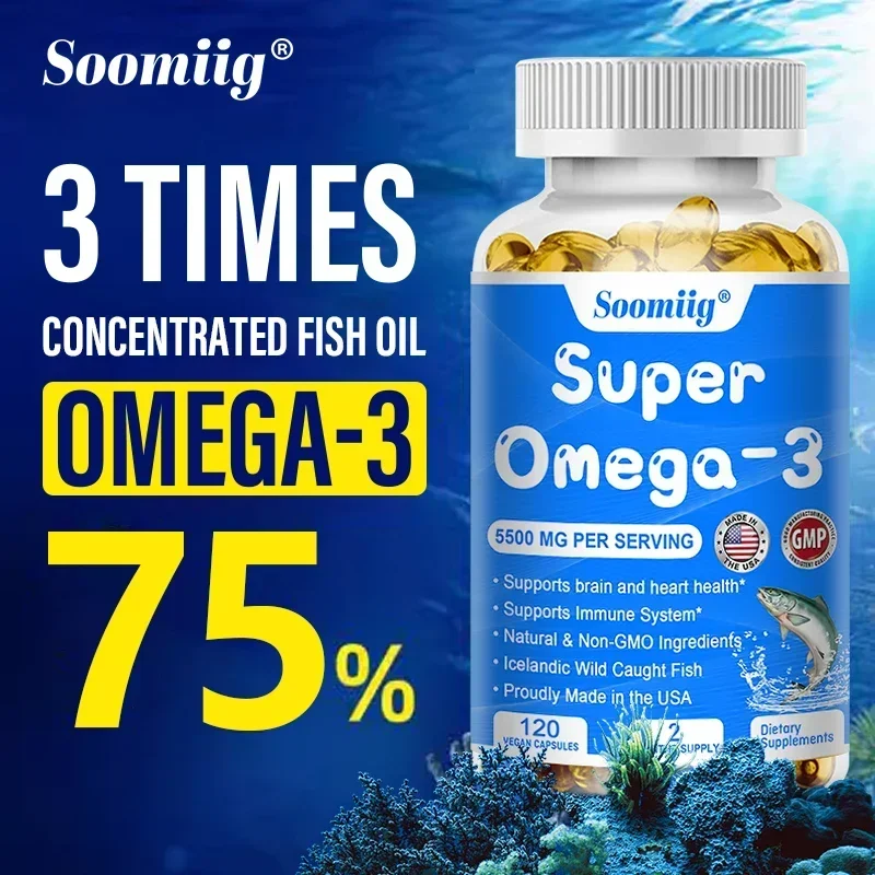 Super Omega 3 Fish Oil Capsules Support Brain & Cardiovascular & Skin Health, Antioxidant & Improve Memory，Nervous System Health