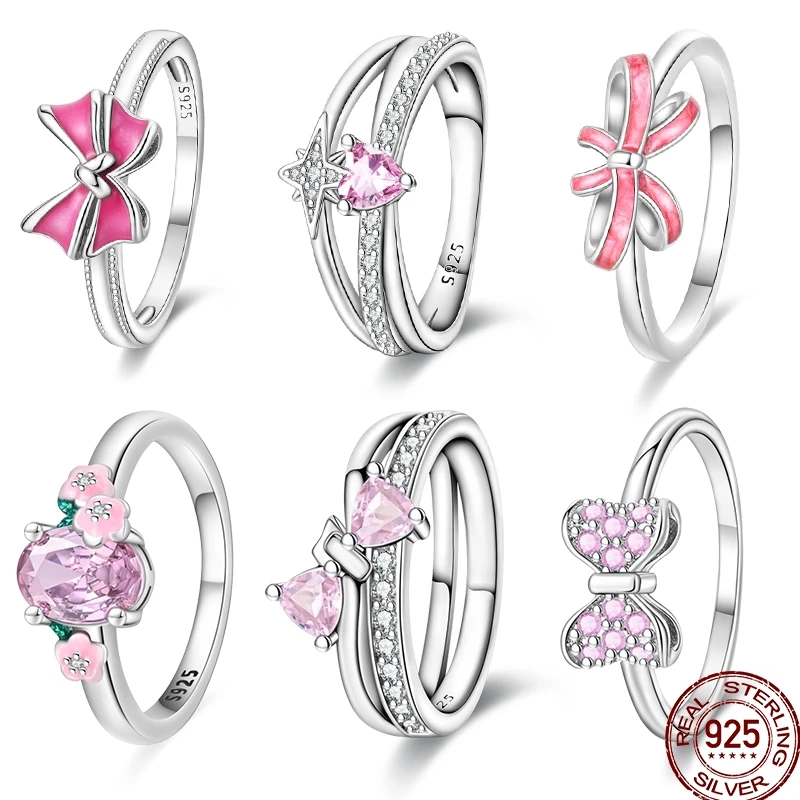 Nuevo Anillo rosa de Plata de Ley 925 con circonita brillante para el Día de San Valentín, pulsera Original, exquisito regalo de joyería de cumpleaños DIY