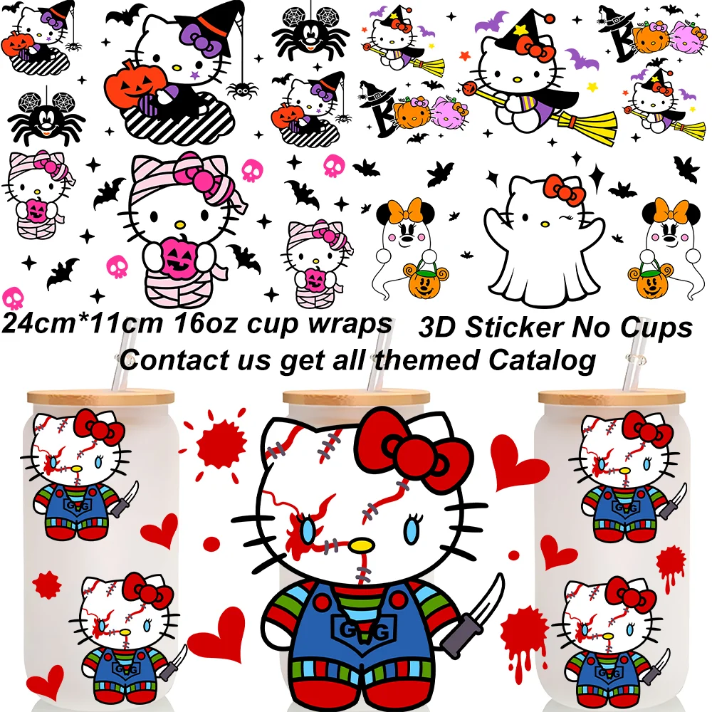 Cute Halloween Vibe Kitty Icons UV DTF Cup Stickers Waterproof Pumpkin Skeleton Cat Tumbler Decals DIY Coffee Mug Glass Cup