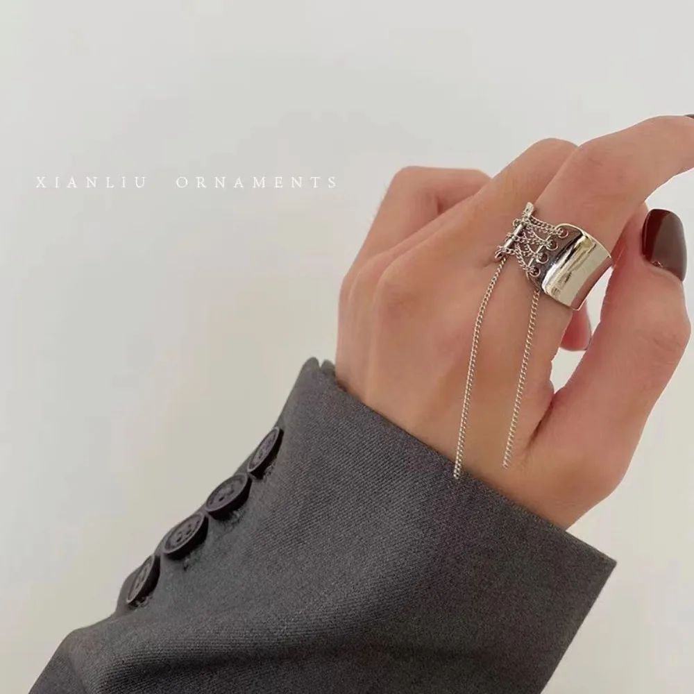 Fashion Hip Hop Chain Tassel Rings Adjustable Opening Aesthetic Wide Edge Rings Punk Geometric Party Jewelry