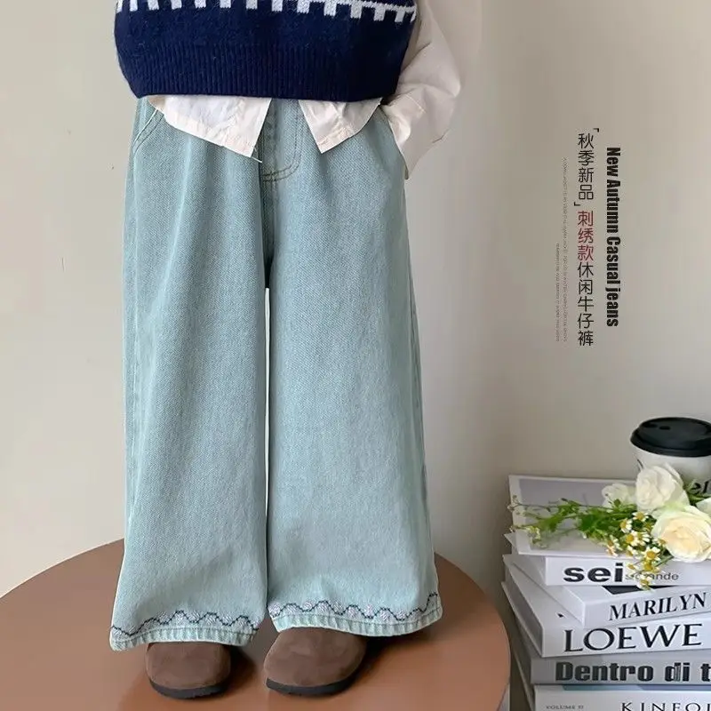 Girls' Jeans, Children's Pants, New Embroidered Wide Leg Girls' Spring, Summer, Autumn Casual Pants
