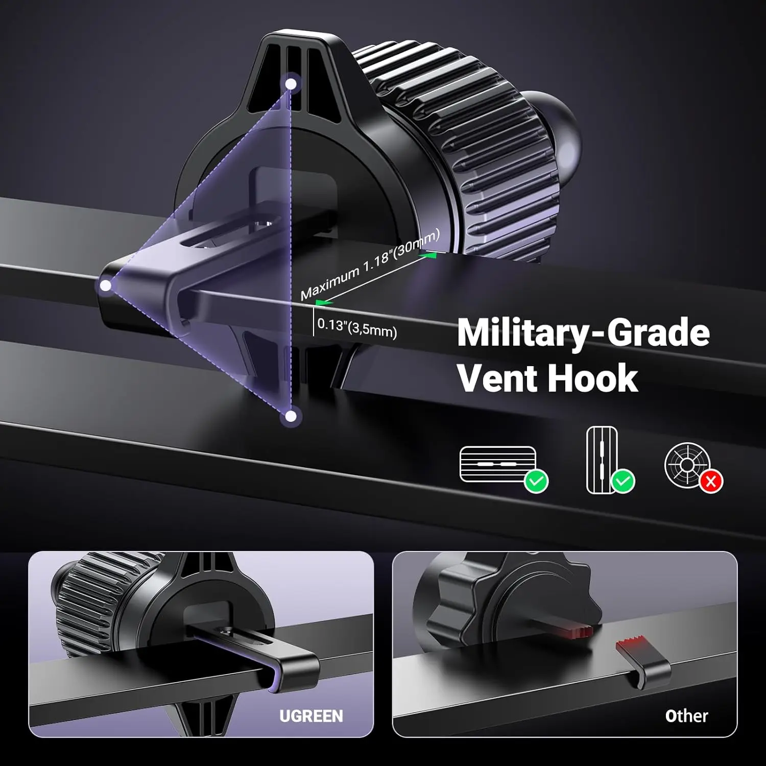 UGREEN Supporto per telefono per auto con braccio oscillante Non blocca la presa d'aria Supporto per telefono per auto Morsetto più ampio Clip Supporto per telefono cellulare Presa d'aria