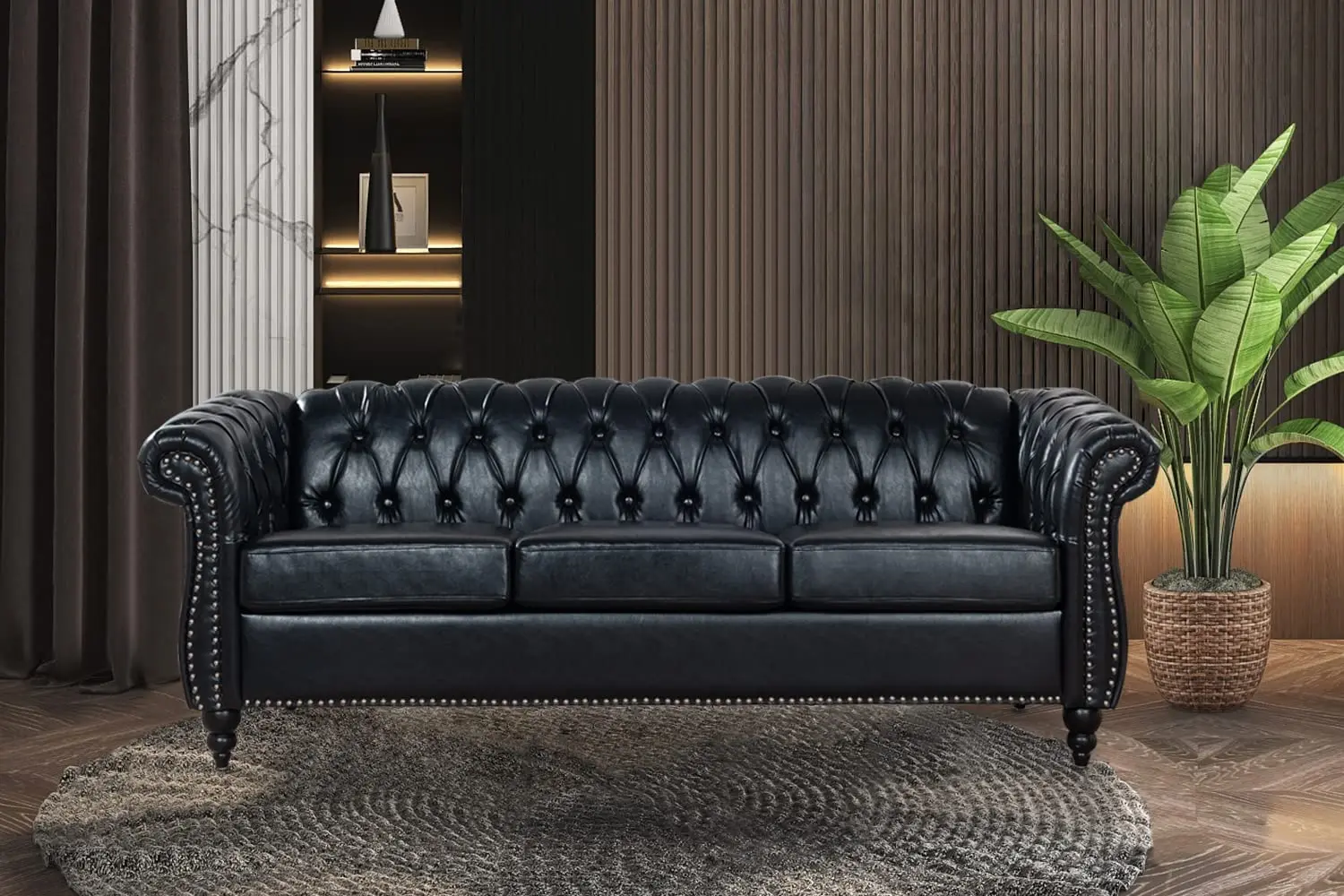 Black Leather Sofa 3-Seater Deep Seat Living Room Bedroom Office Apartment Classic Furniture Tool-Free, Customized