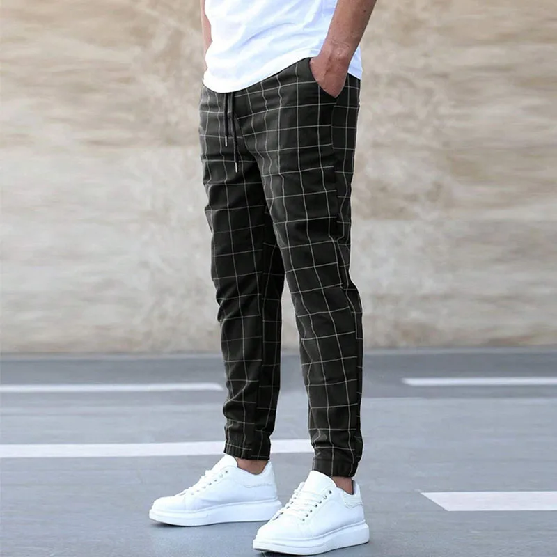 

Новые модные мужские брюки со средней талией, мужские спортивные штаны, клетчатые брюки, летние рабочие повседневные брюки, повседневные спортивные длинные брюки на шнурке