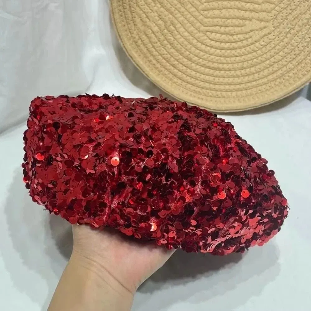 Elegant Chic Glitter Beanie Cap Solid Color Retro Shining Beret Hat Sparkling Lightweight Shiny Painter Hat Music Festivals