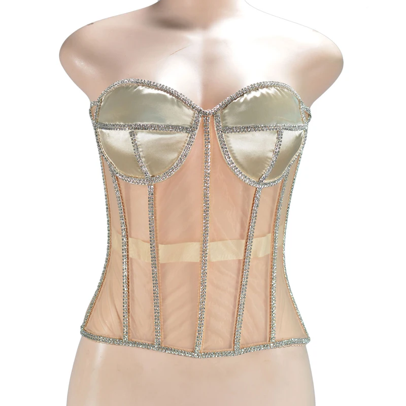 Sexy Women\'s Mesh Overbust Corset Tops 2023 Elegant See Through Diamond Bra Corsets and Bustiers Sliming Body Shaper Lingerie