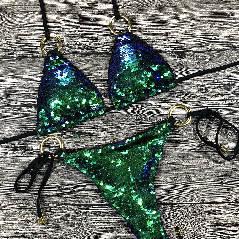 Solid Bikini Sexy Swimsuit Halter Swimwear Bathing Suit Women Bling Sequin Bikini Set Beach Wear Dropshipping Monokini Glitter