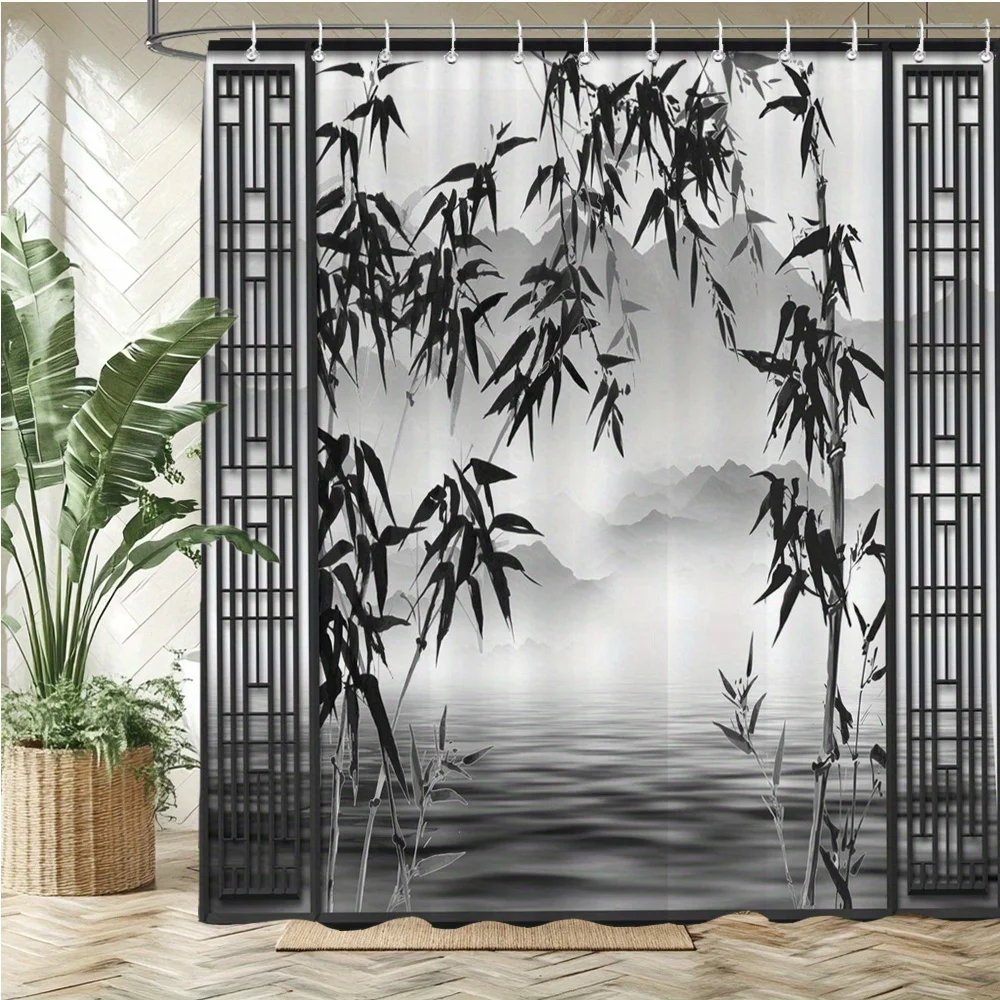 1pc Misty Landscape Shower Curtain Bath Curtain Bathroom Curtain with Realistic Black And White Leaves And Calm Water Scene for