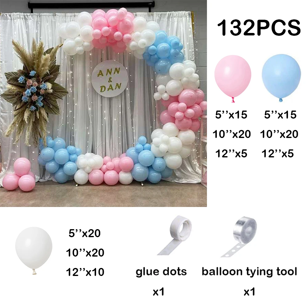 132Pcs Pastel Pink Blue Balloon Garland Arch Baby Shower Boy Girl Gender Reveal Decoration White Latex Balloons Birthday Party