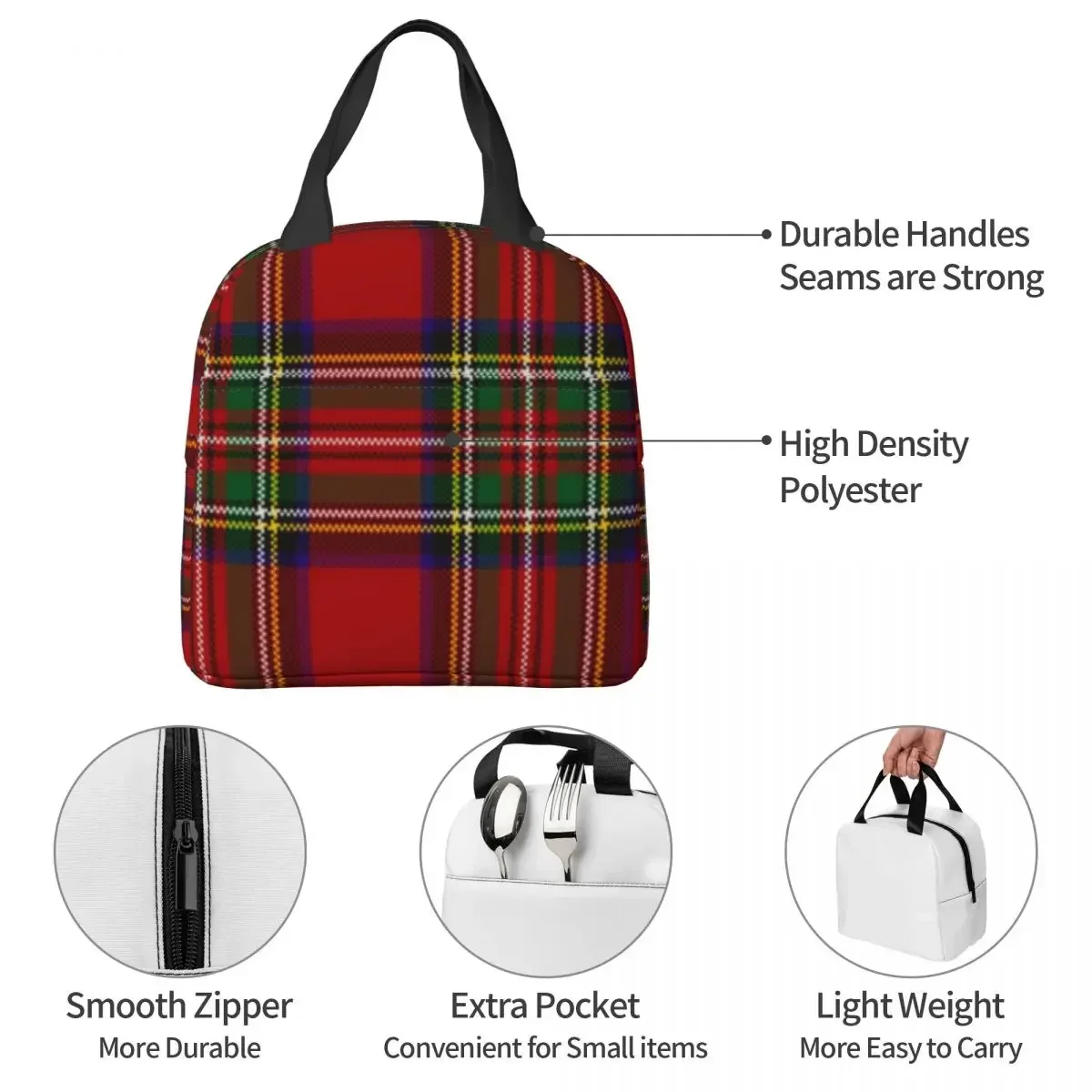 Scottish Stripes Pattern Insulated Lunch Bag Portable Lunch Container Thermal Bag Tote Lunch Box Office Outdoor Food Bag