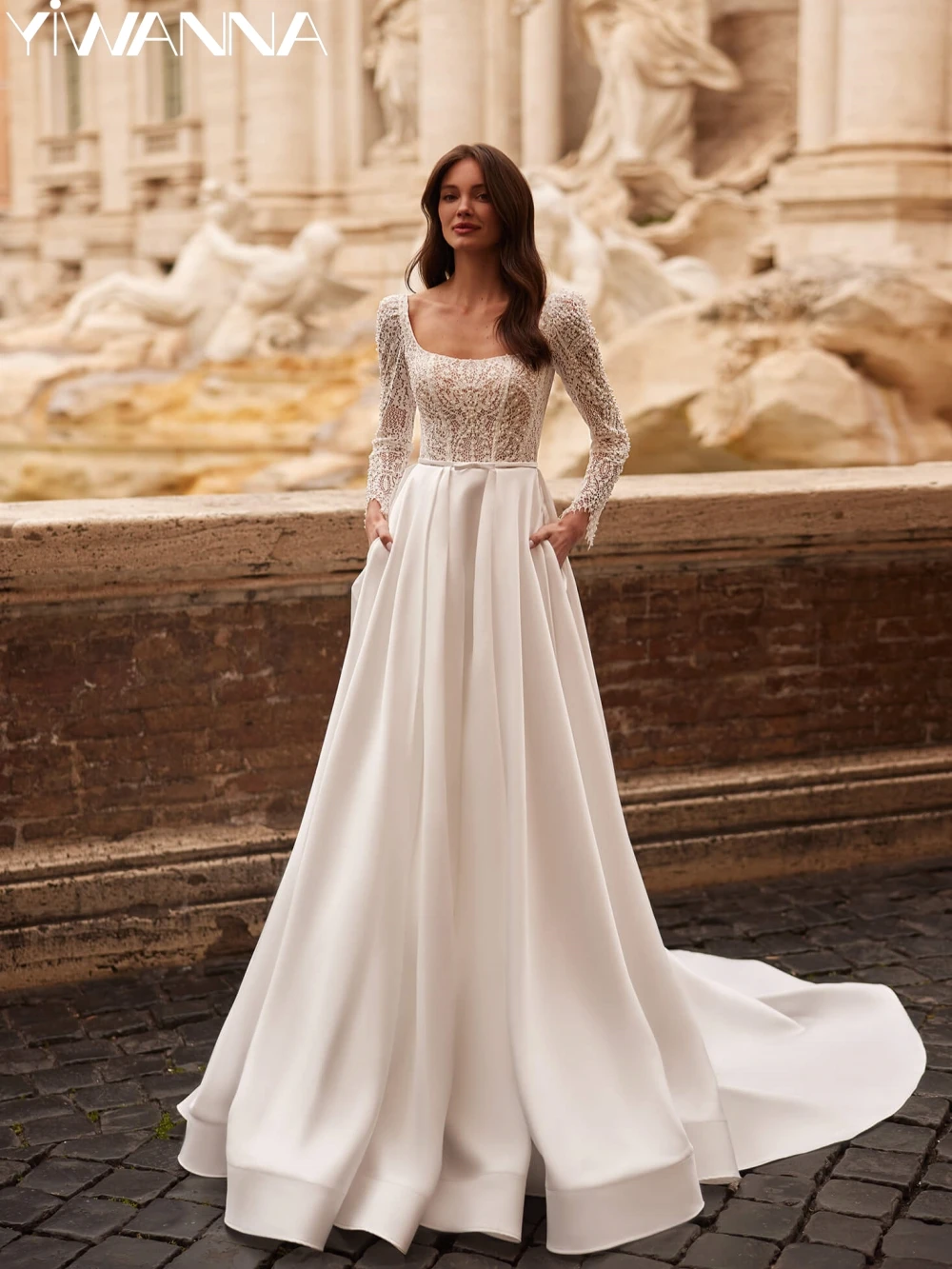 Bescheidenes Langarm-Brautgewand im Vintage-Stil, A-Linie, Satin-Spitze-Hochzeitskleid, bezauberndes Perlen-Brautkleid, individuelle Robe De Mariée