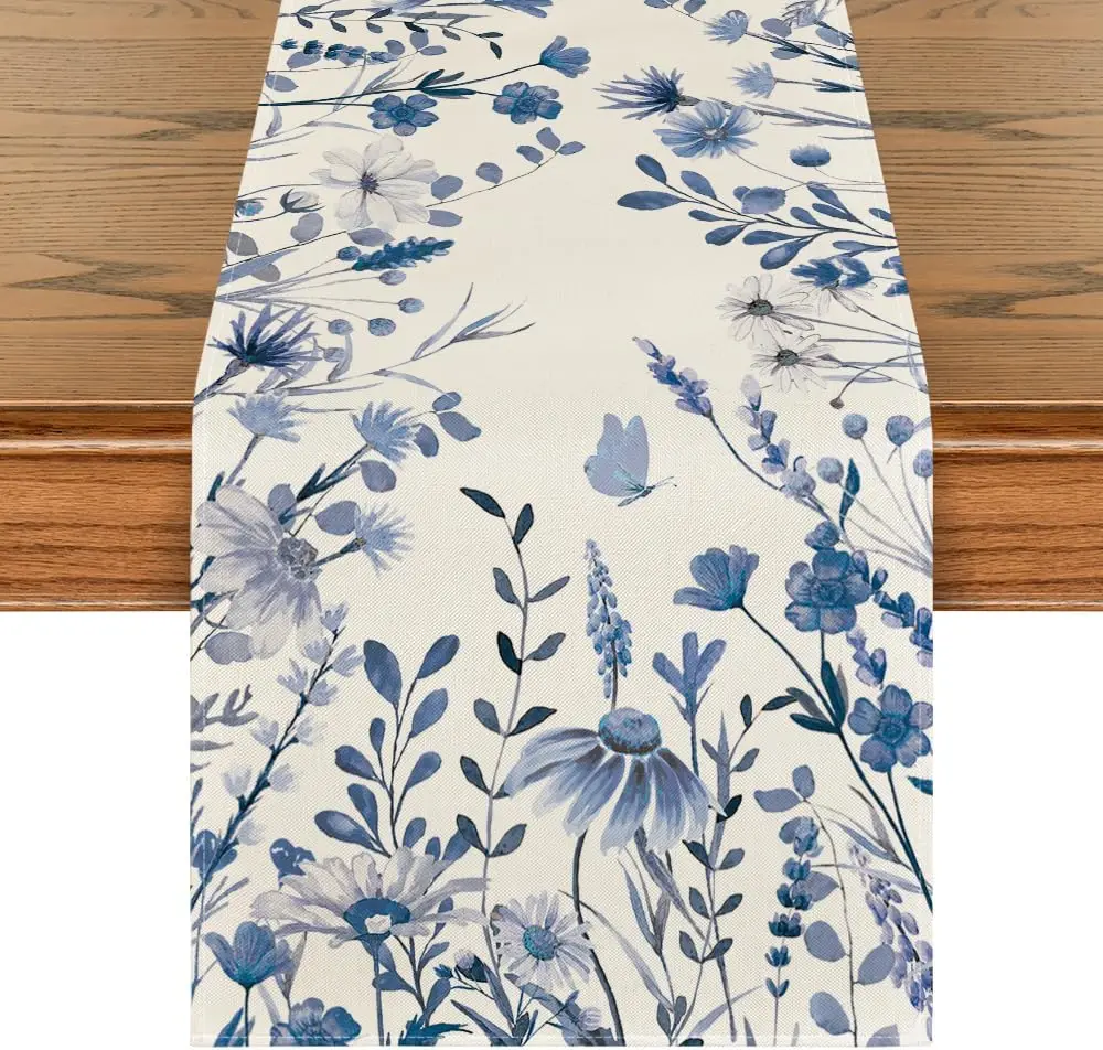 Blue Monochrome Sketch Leaves Floral Linen Table Runner Party Decor Farmhouse Kitchen Dining Table Runner Wedding Decorations