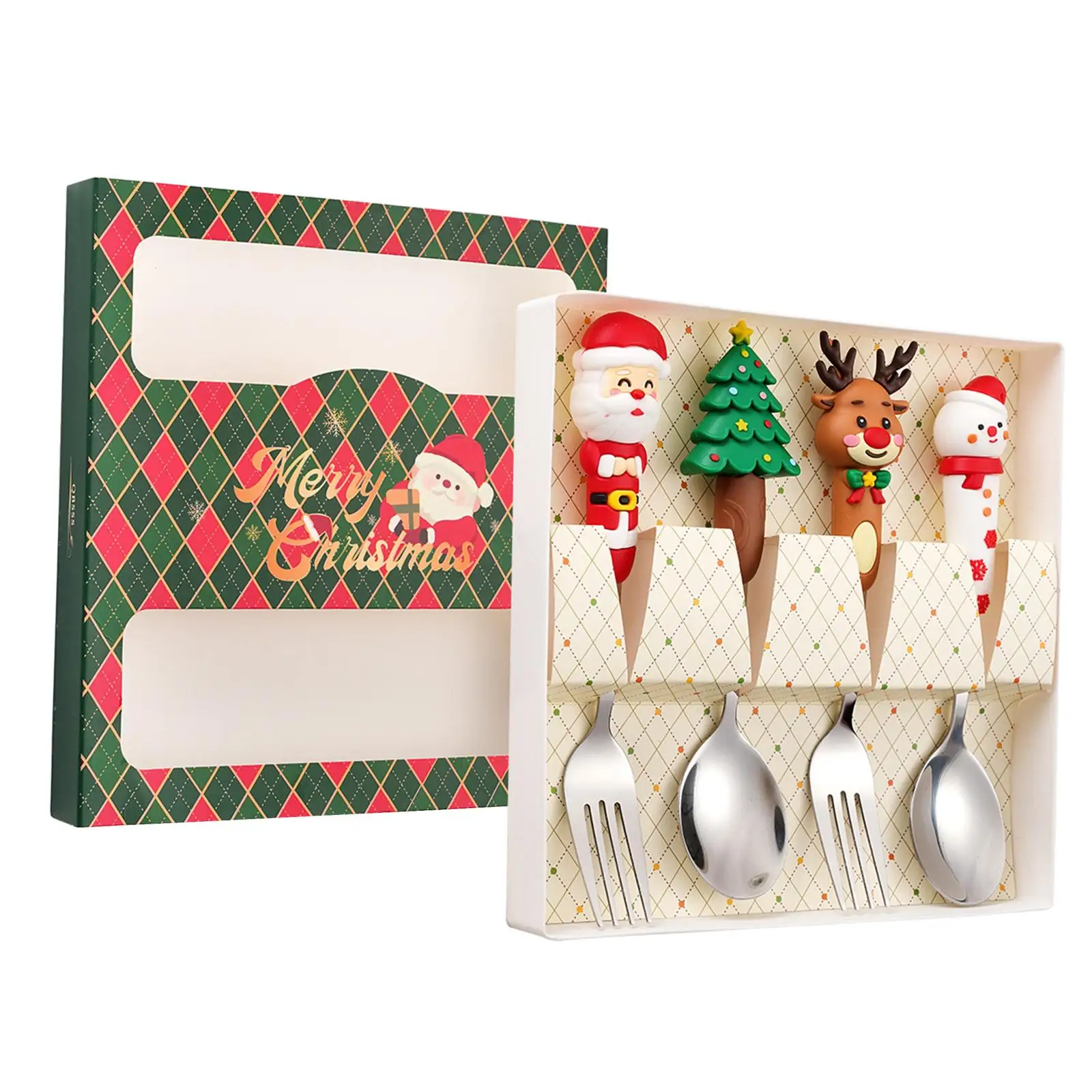 4Pcs Christmas Spoon Fork Set Xmas Party Favors Dessert Spoons for Appetizer