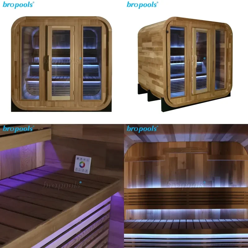 Modern Design Outdoor Cube Red Cedar 4-Person Electric Stove Heater Dry Steam Sauna Room Smart Control Body