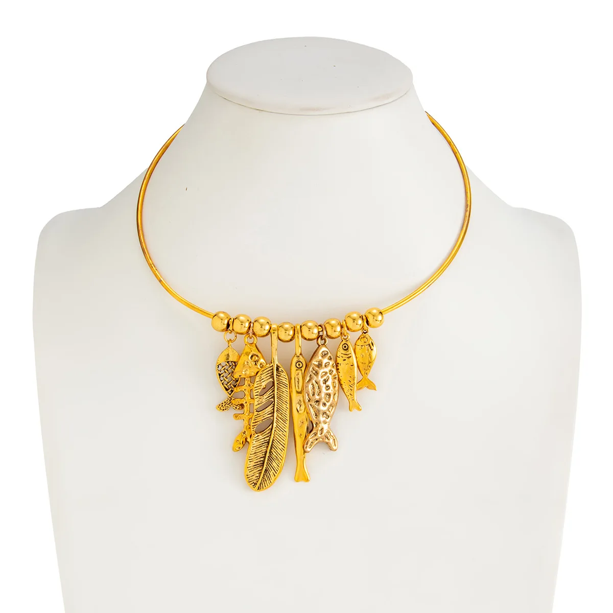 Vintage Feather Fish Bone Pendant Choker Necklace Old Silver Gold Plated Collar Necklace Bohemian Retro Statement Jewelry