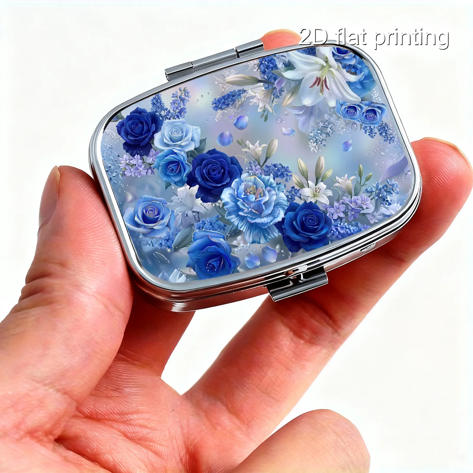Flat Printing, Portable Mini Double-Compartment Pill Box, Clear Blue Rose and Lily Floral Print, Travel Medicine Storage Box, Sealed and Moisture-Proof, Capsule Vitamin Storage Box, Portable Small Pill Box