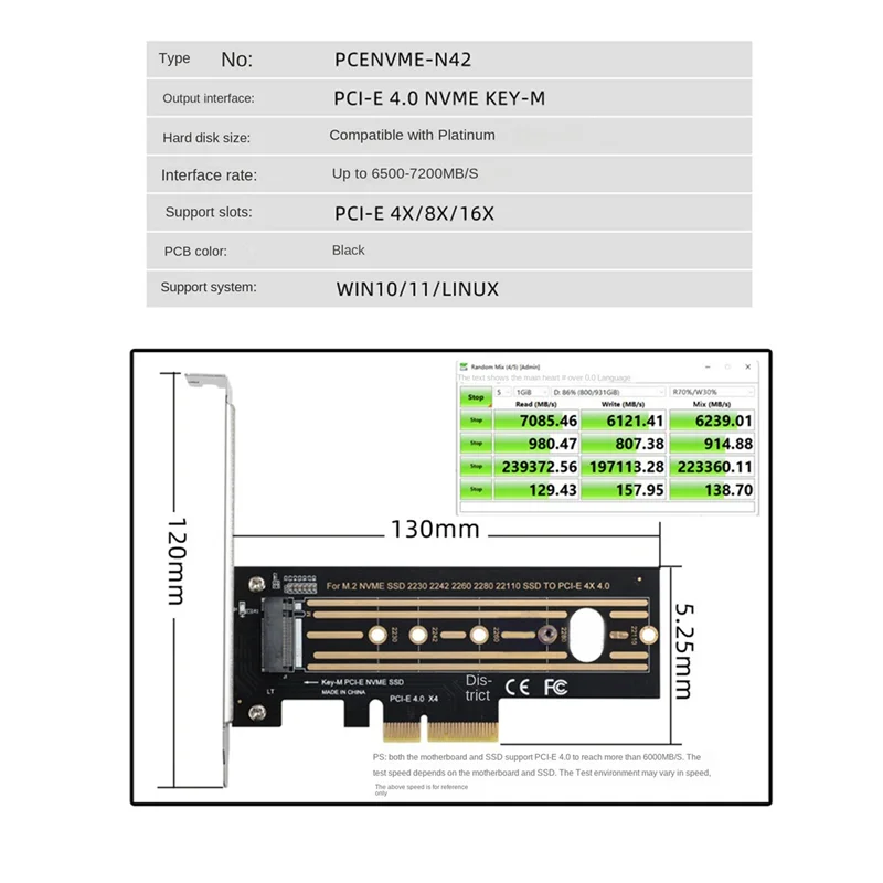 M.2 NVMe SSD to PCI-E 4.0 Adapter Card PCI-E X4 4.0 GEN4 NVME KEY-M.2 Adapter Card Support 2230/2242/2260/2280/22110 SSD