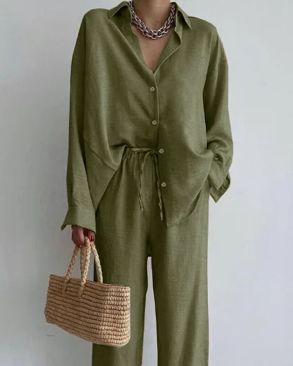 Summer Fashion New Matching Collection Women\'s Loose Single Breasted Top High Waist Wide Leg Pants Cotton Linen Two Piece Sets