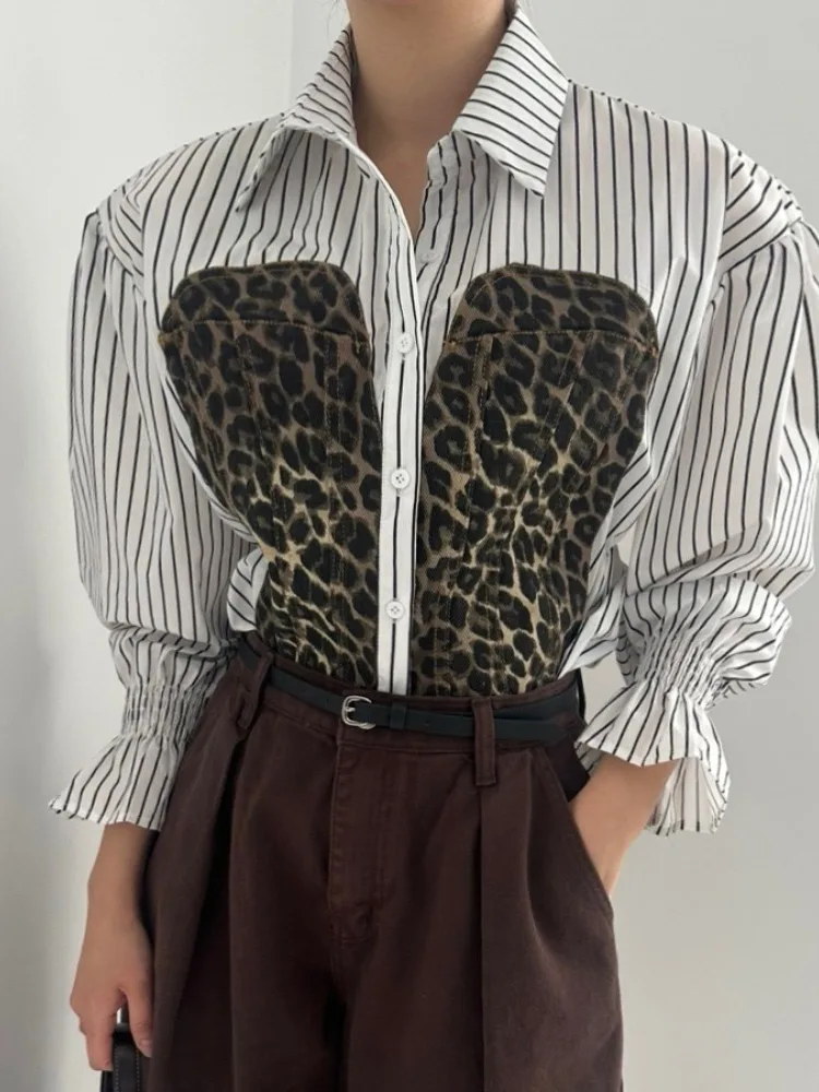 Csa hoada informal de manga larga con estampado de leopardo para mujer, Top de ajuste cómodo con diseño de rayas versáti...