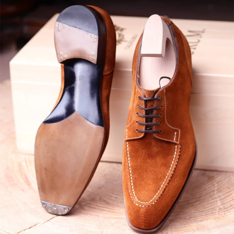 Suede Men Shoes Coffee Black  Breathable Lace-up Casual Shoes Oxfords Flock Handmade Dress Shoes