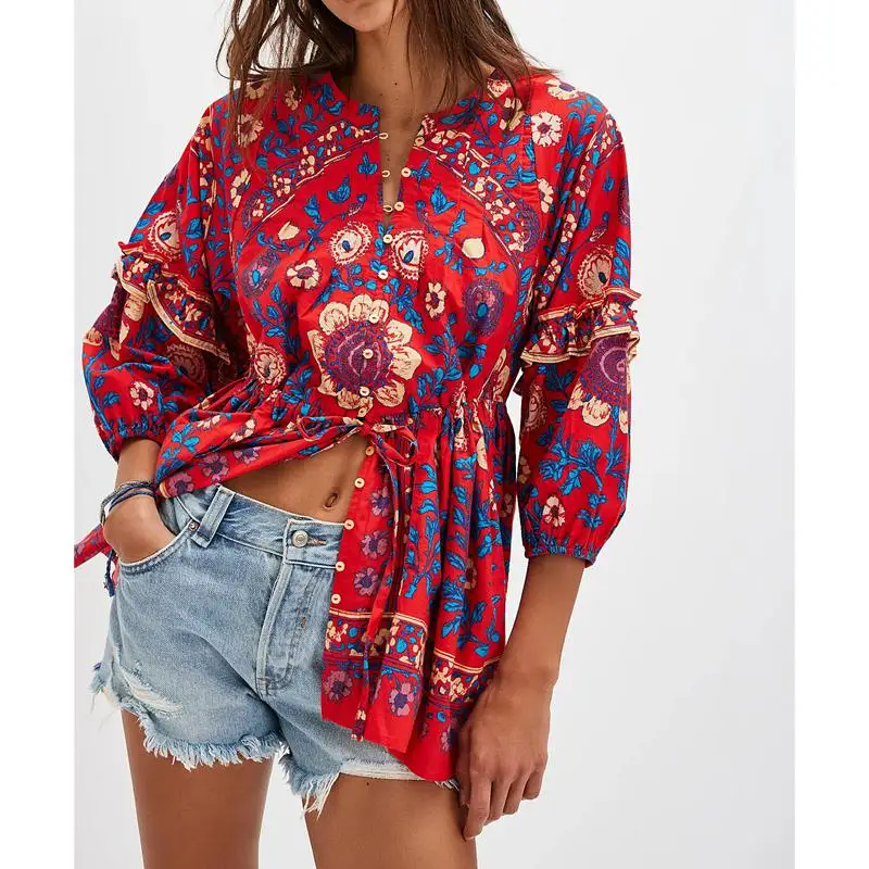 

Combhasaki Women Vintage Y2K Floral Print Shirts 3/4 Lantern Sleeve Drawstring Bow Tied Waist Button-down Ruffle Babydoll Blouse