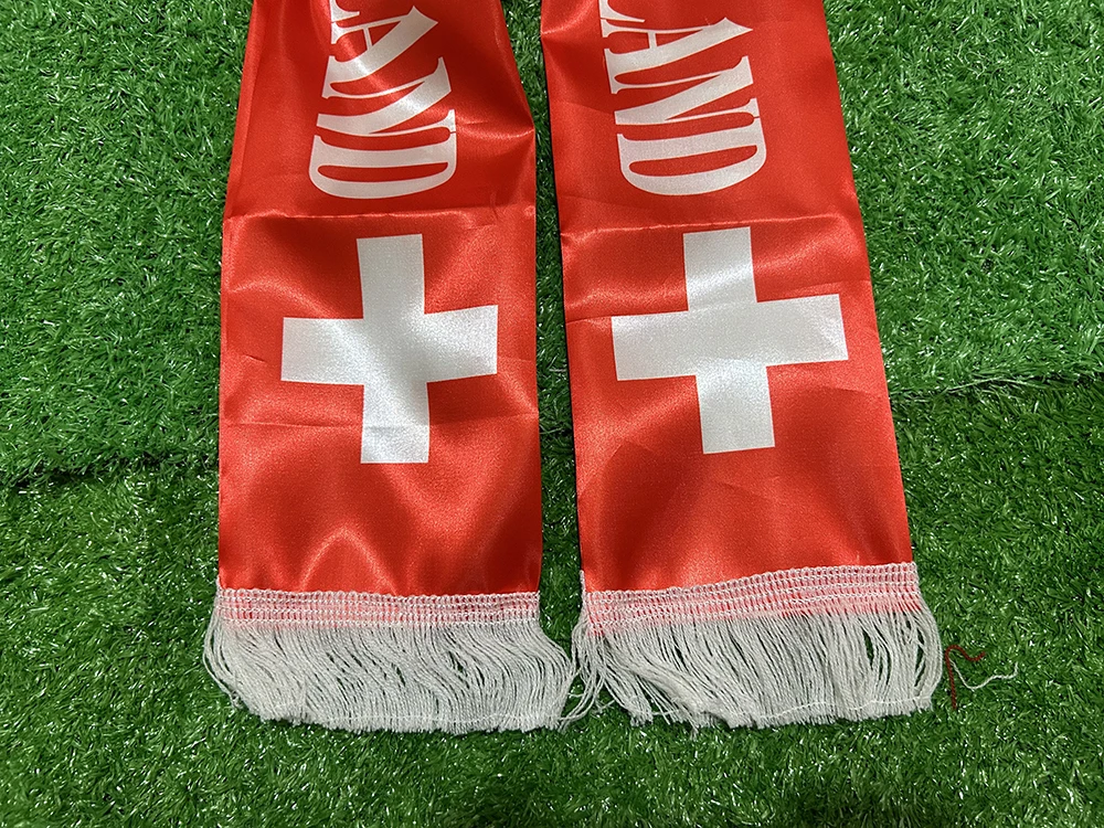 Customize 2026 Switzerland Scarf 14x135cm Double-sided Printed Satin Switzerland Flag Swiss Scarf Tassels Suitable for Football view 4