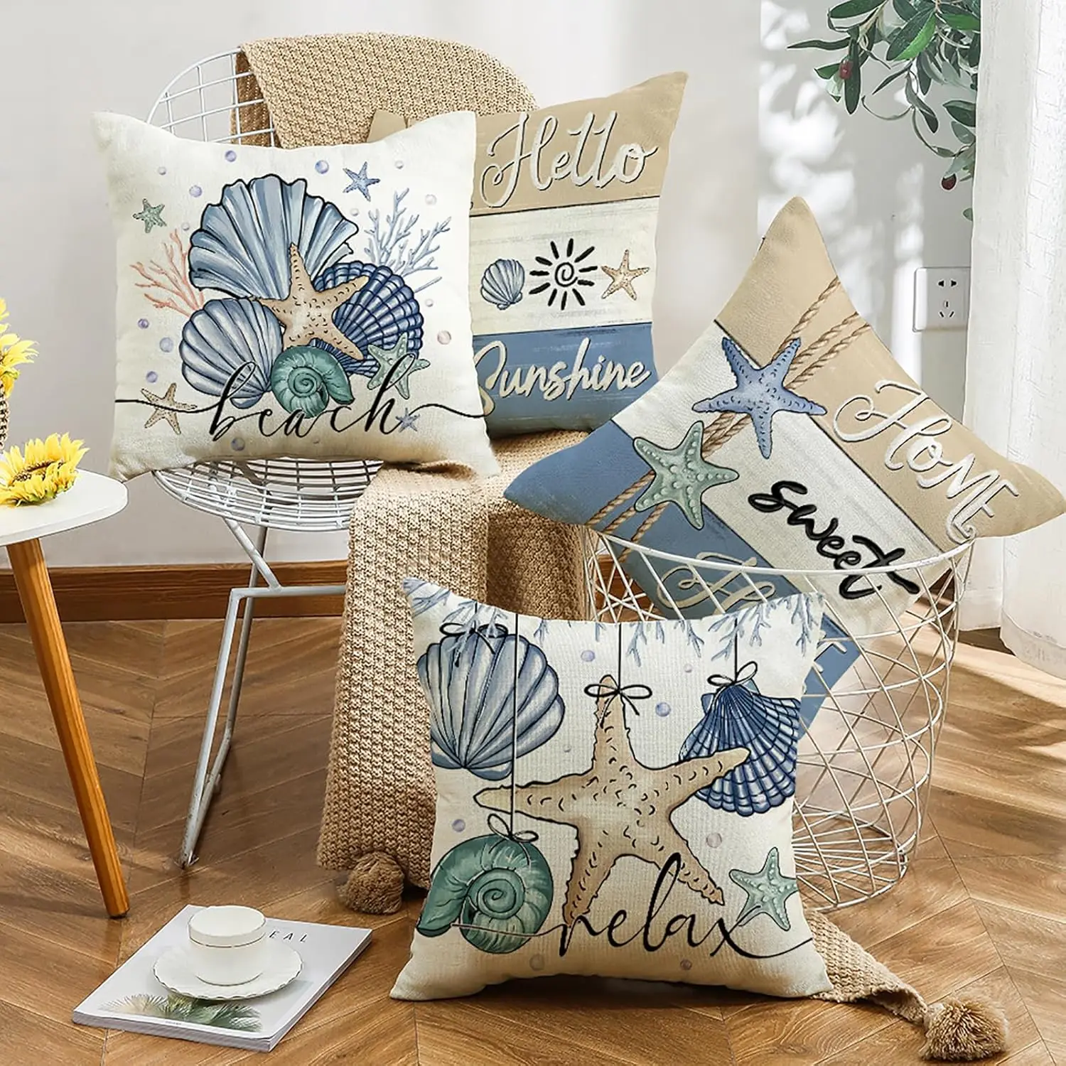 Hello Summer Throw Pillow Covers 18 in x 18 in, Farmhouse Coastal Starfish Seashell Cushion Case for Sofa Couch Set of 4