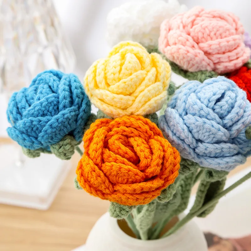 2PCS Knitted Rose Artificial Flowers Crochet Handmade Red Rose Wedding Home Party Table Decoration Creative Gift for Woman Girls